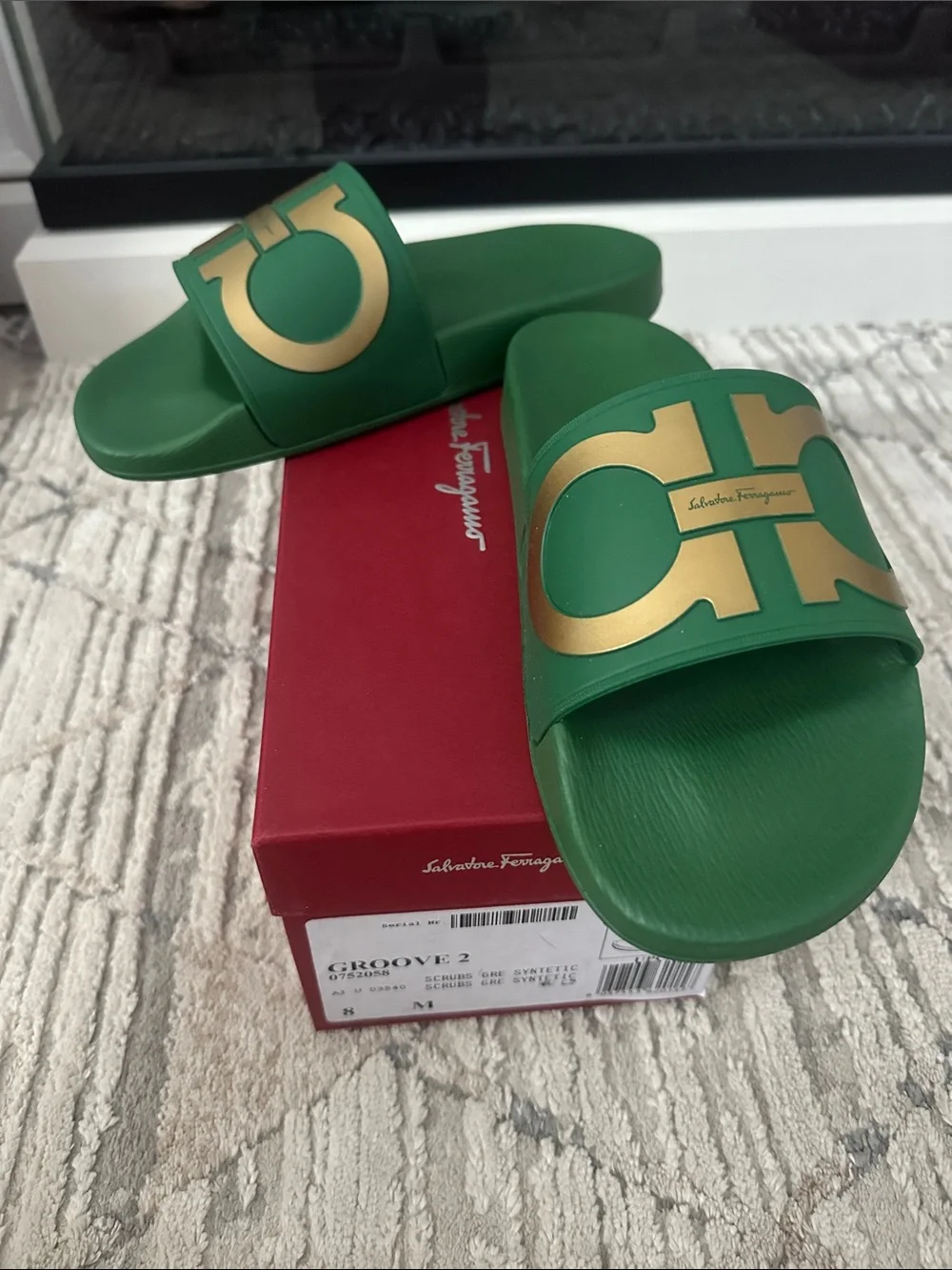 Salvatore Ferragamo Green Slides with Gold Double Gancini